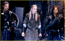 Sean Bean, Orlando Bloom, Viggo Mortensen on the set of The Fellowship of the Ring
