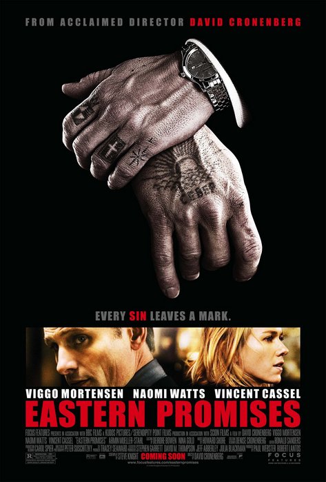 Eastern Promises poster features Viggo Mortensen's face and tattoo-covered hands