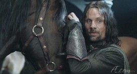 Brego and Aragorn in the stables at Edoras